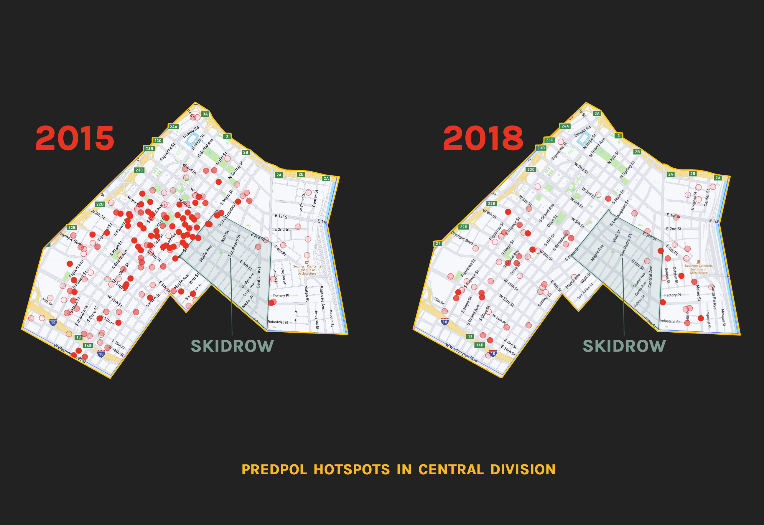 What these maps show is that the PredPol hot spots instead quarantine the community of Skid Row, forming a divide or
          a digital wall or border of hot spot clusters. PredPol in fact automates patrols at what had been traditionally called
          the &ldquo;buffer zones&rdquo; of the containment strategy long used to contain Skid Row. The overall impact is restriction, enclosure, and punishment.